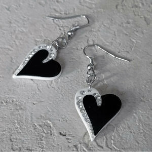 Retro White Black Lucite Austrian Crystal Asymmetrical Heart Dangle Earrings